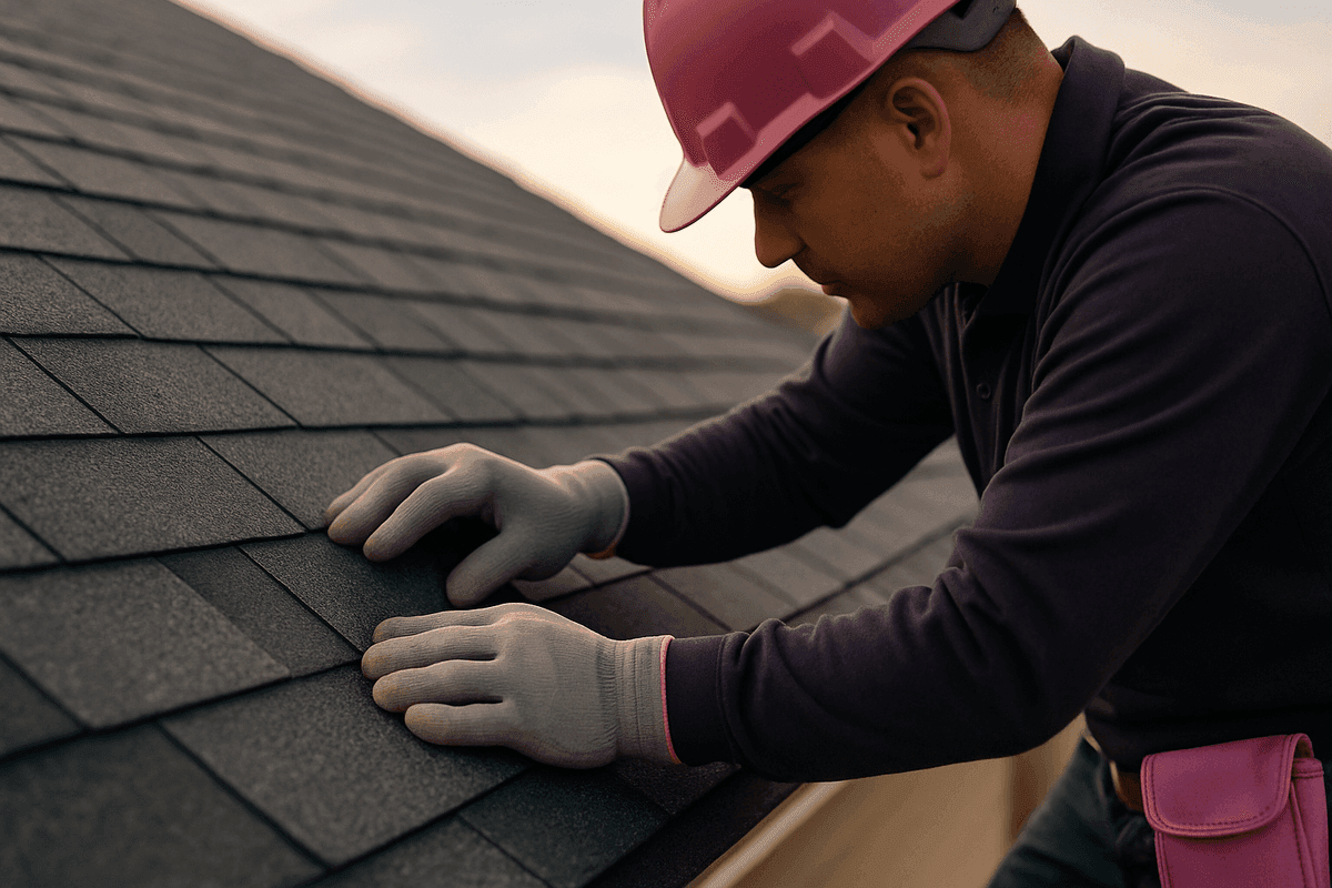 Close-up of roofer’s gloved hands aligning dark gray asphalt shingles on roof in Whittier