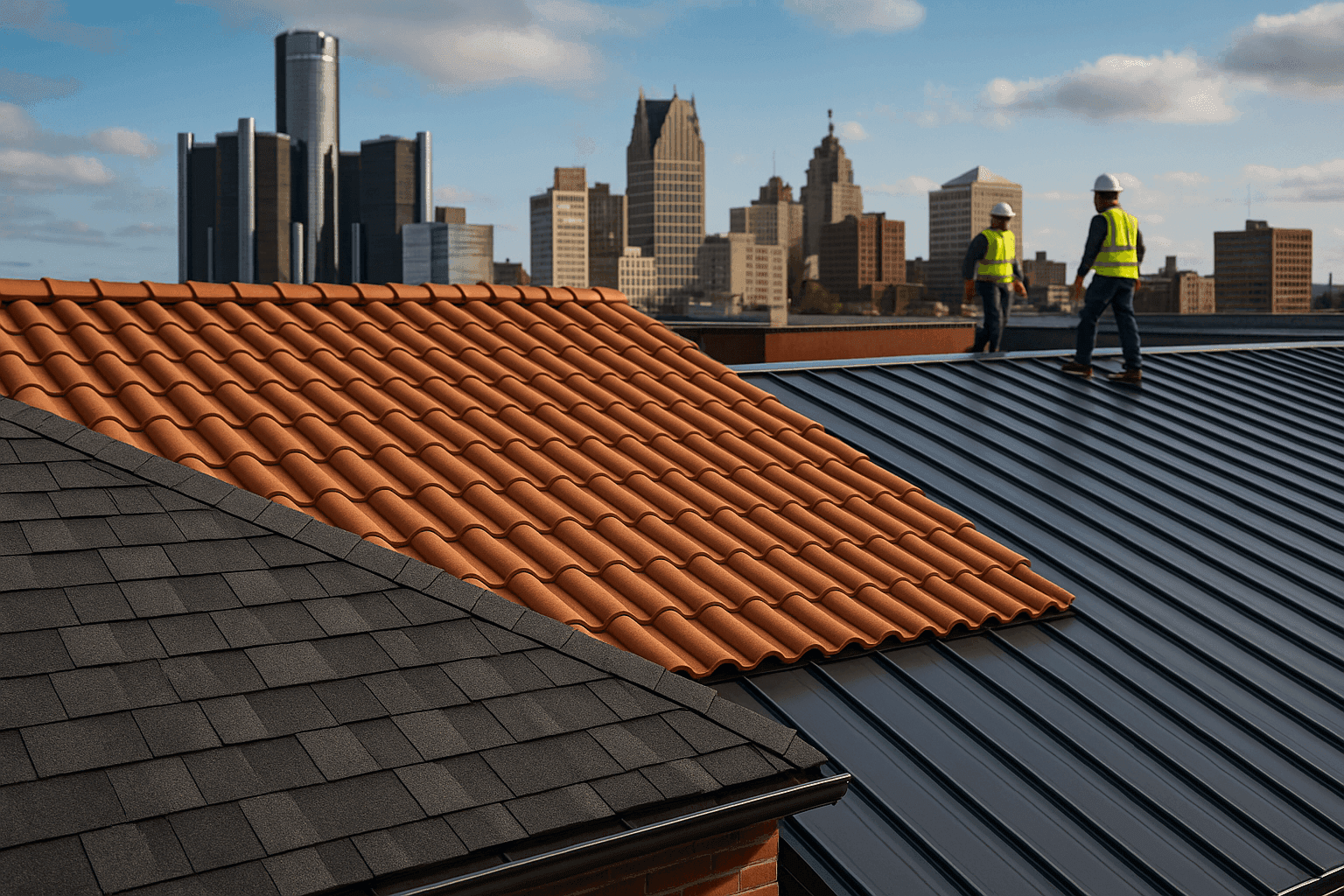 Close-up of roof sections with shingle, tile, and metal materials side by side