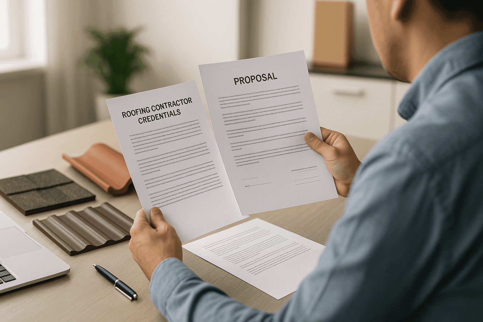 Property owner reviewing roofing contractor credentials and proposal