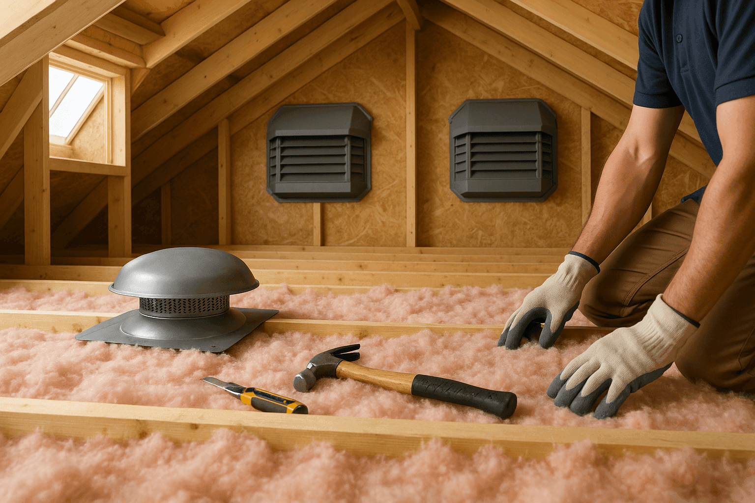 Attic with roof ventilation vents and insulation materials installed