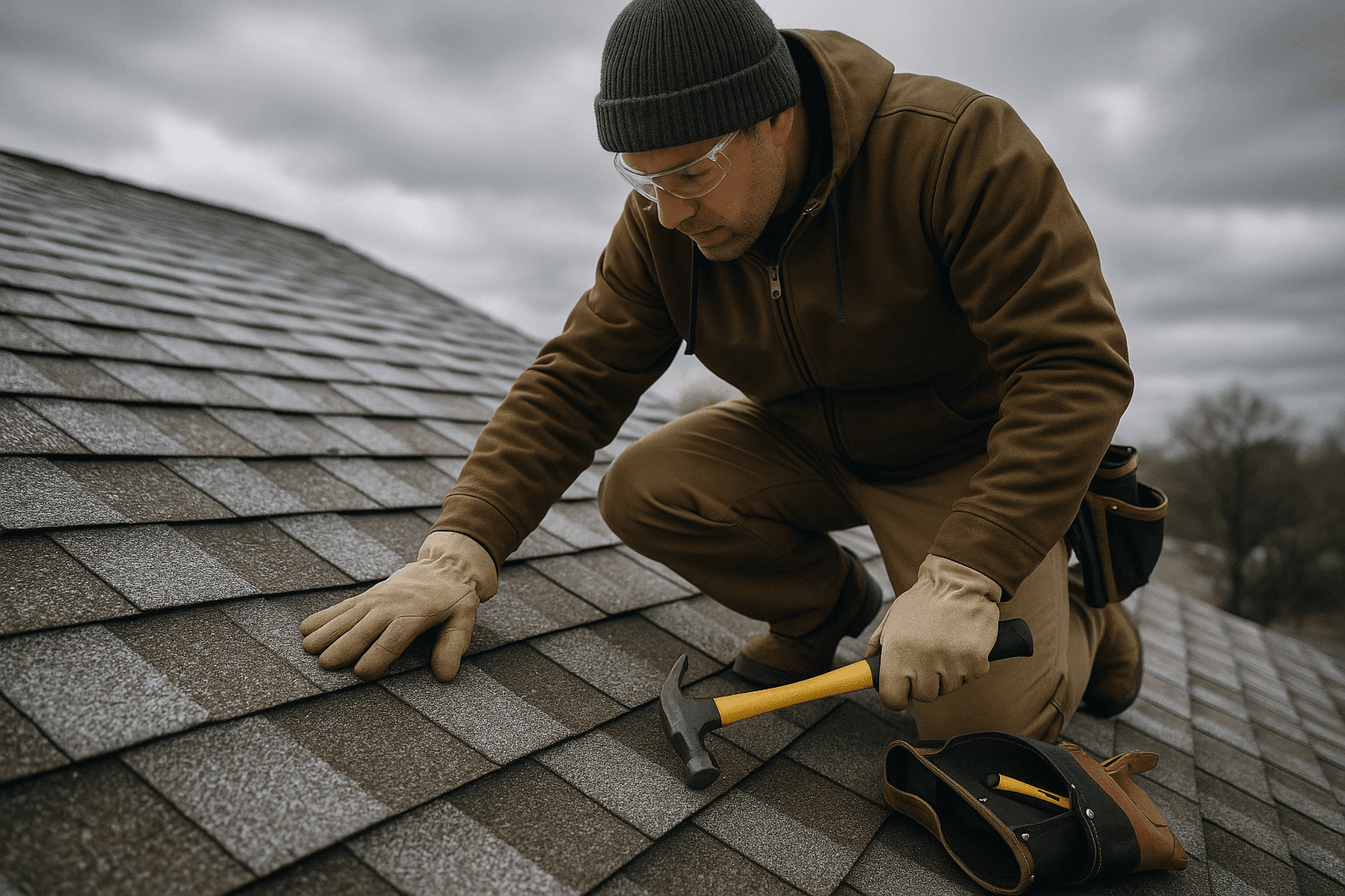 Homeowner inspecting frost-covered shingle roof before winter storms