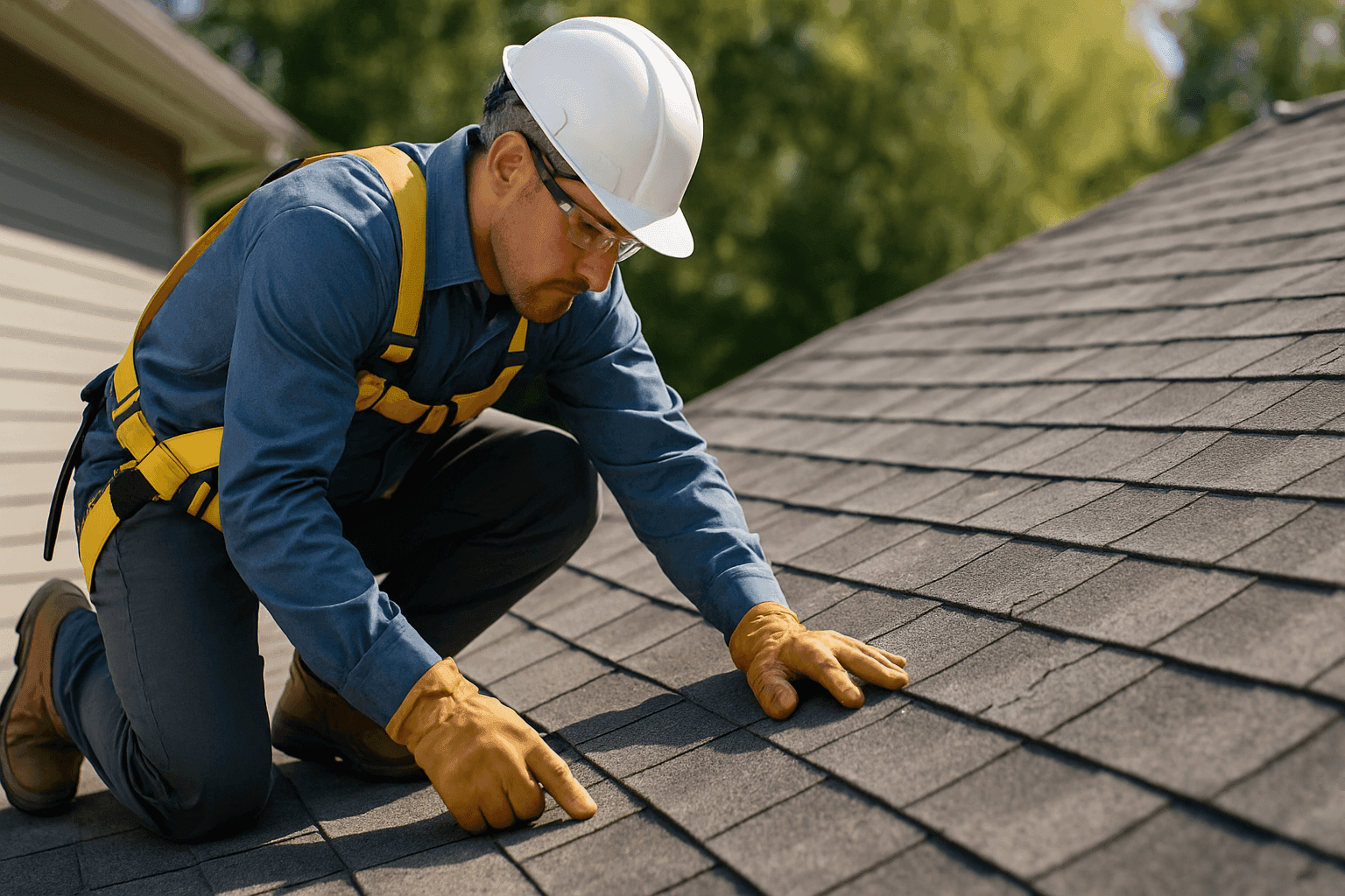 Roofing contractor inspecting a shingle roof for damage under daylight