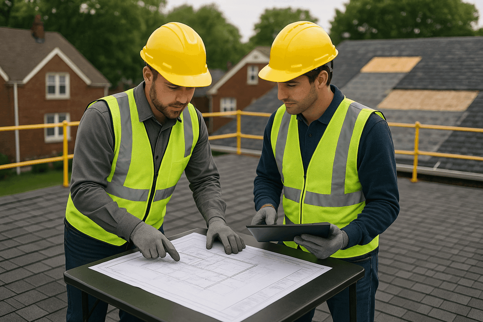Estimator reviewing roof replacement costs with client and blueprints